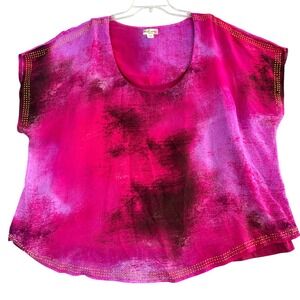 World Unity Woman 2X Pink Purple Abstract Print Studded Sheer Overlay Top Blouse